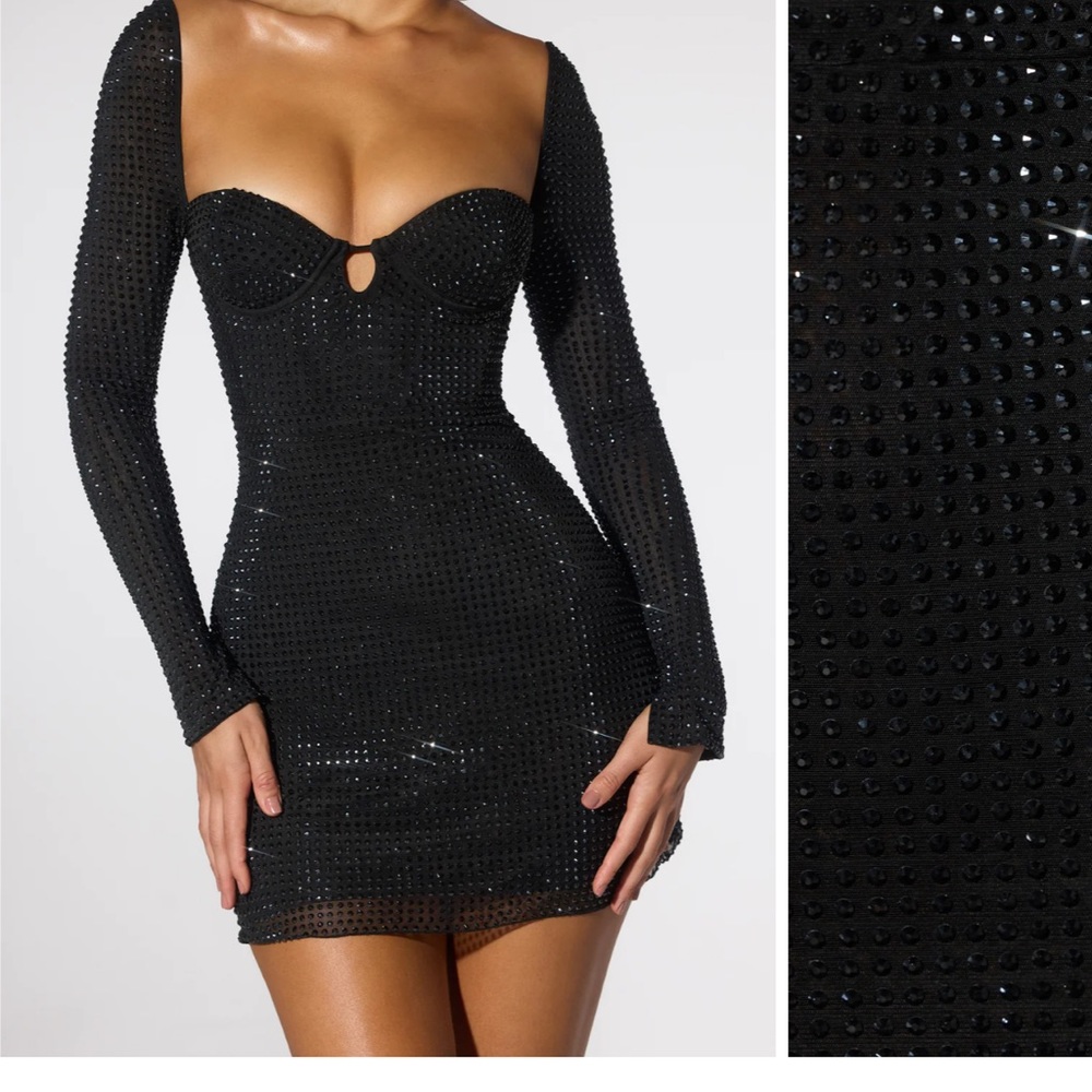 Oh polly NWT Embellished Corset Open Back Long Sleeve Mini Dress in Black size 4